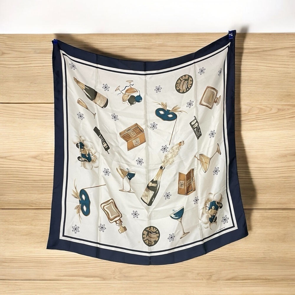 Vintage Liz Claiborne Silk Scarf “ Extravagant Gifts” Holiday Champagne Caviar ￼